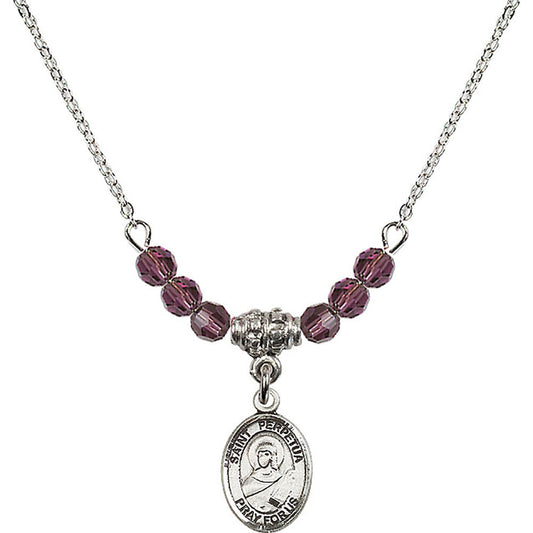 Sterling Silver Saint Perpetua Birthstone Necklace with Amethyst Beads - 9272
