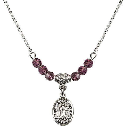 Sterling Silver Saint Isidore the Farmer Birthstone Necklace with Amethyst Beads - 9276