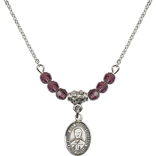 Sterling Silver Blessed Pier Giorgio Frassati Birthstone Necklace with Amethyst Beads - 9278