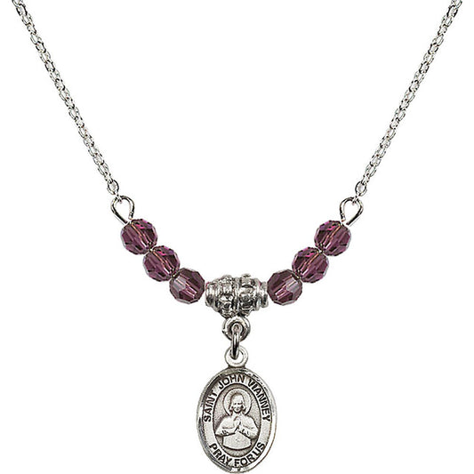 Sterling Silver Saint John Vianney Birthstone Necklace with Amethyst Beads - 9282