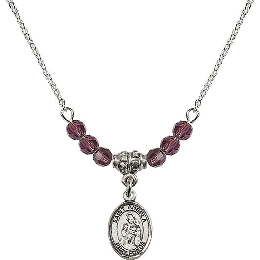 Sterling Silver Saint Angela Merici Birthstone Necklace with Amethyst Beads - 9284