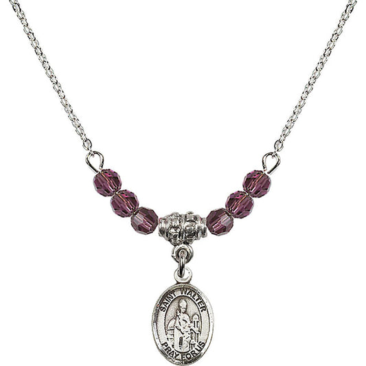 Sterling Silver Saint Walter of Pontoise Birthstone Necklace with Amethyst Beads - 9285
