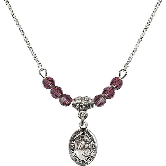 Sterling Silver Our Lady of Good Counsel Birthstone Necklace with Amethyst Beads - 9287