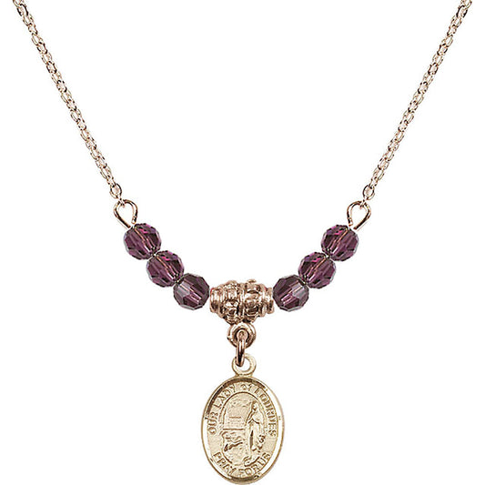 14kt Gold Filled Our Lady of Lourdes Birthstone Necklace with Amethyst Beads - 9288
