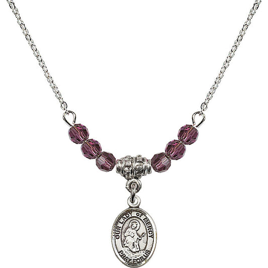 Sterling Silver Our Lady of Mercy Birthstone Necklace with Amethyst Beads - 9289