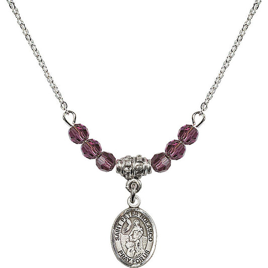 Sterling Silver Saint Peter Nolasco Birthstone Necklace with Amethyst Beads - 9291
