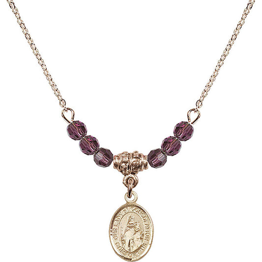 14kt Gold Filled Our Lady of Consolation Birthstone Necklace with Amethyst Beads - 9292
