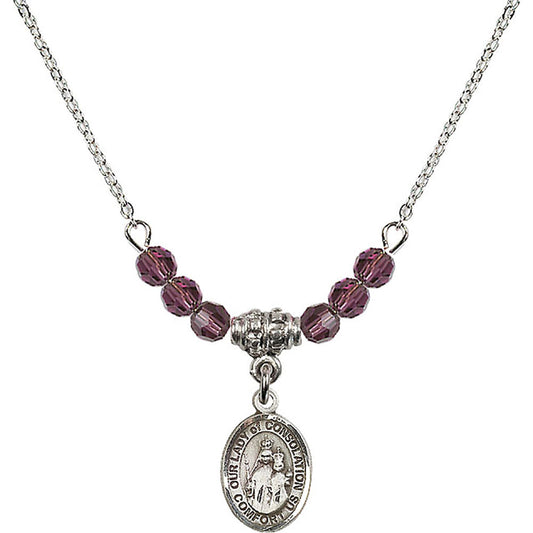 Sterling Silver Our Lady of Consolation Birthstone Necklace with Amethyst Beads - 9292