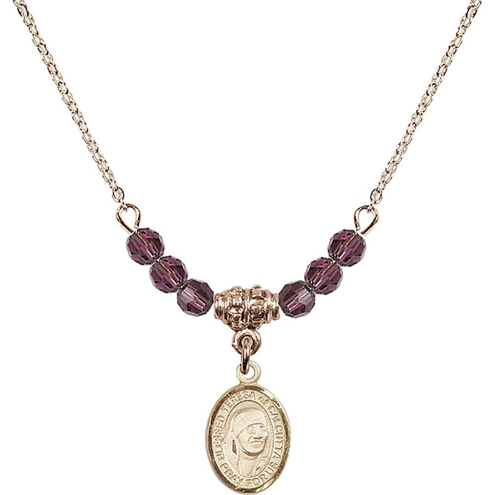 14kt Gold Filled Saint Teresa of Calcutta Birthstone Necklace with Amethyst Beads - 9295