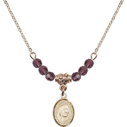 14kt Gold Filled Saint Teresa of Calcutta Birthstone Necklace with Amethyst Beads - 9295