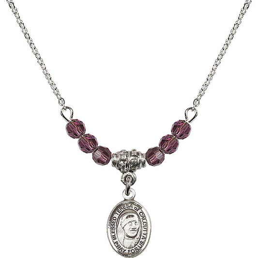 Sterling Silver Saint Teresa of Calcutta Birthstone Necklace with Amethyst Beads - 9295