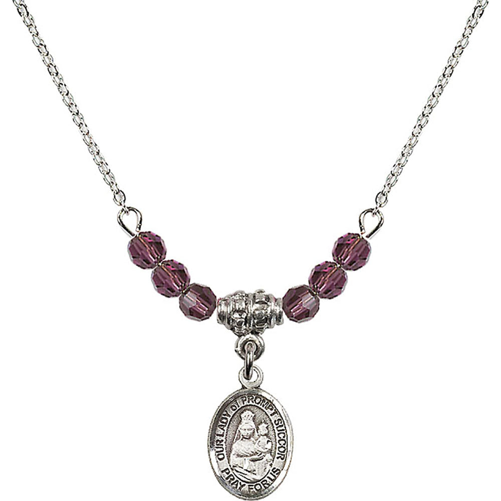 Sterling Silver Our Lady of Prompt Succor Birthstone Necklace with Amethyst Beads - 9299