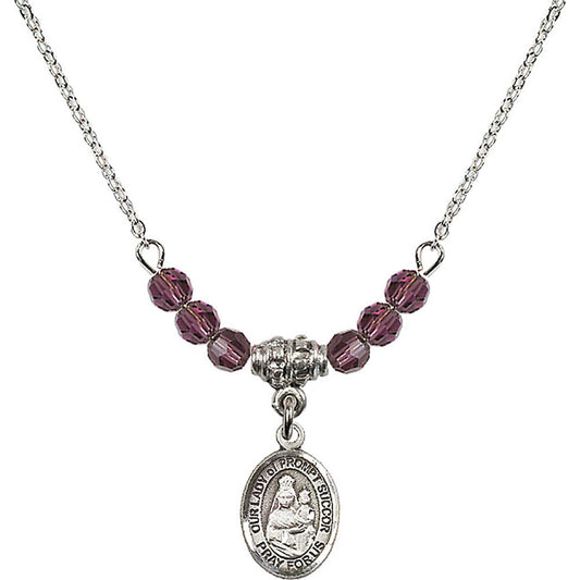 Sterling Silver Our Lady of Prompt Succor Birthstone Necklace with Amethyst Beads - 9299