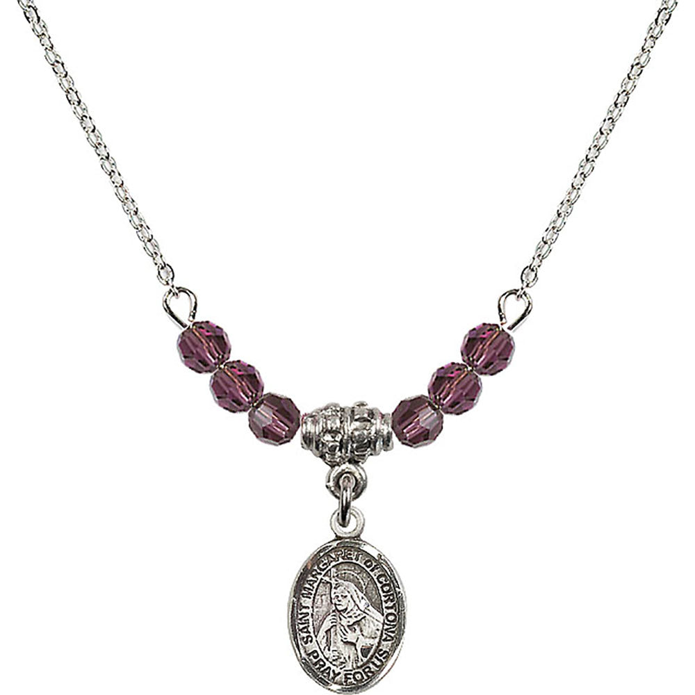 Sterling Silver Saint Margaret of Cortona Birthstone Necklace with Amethyst Beads - 9301