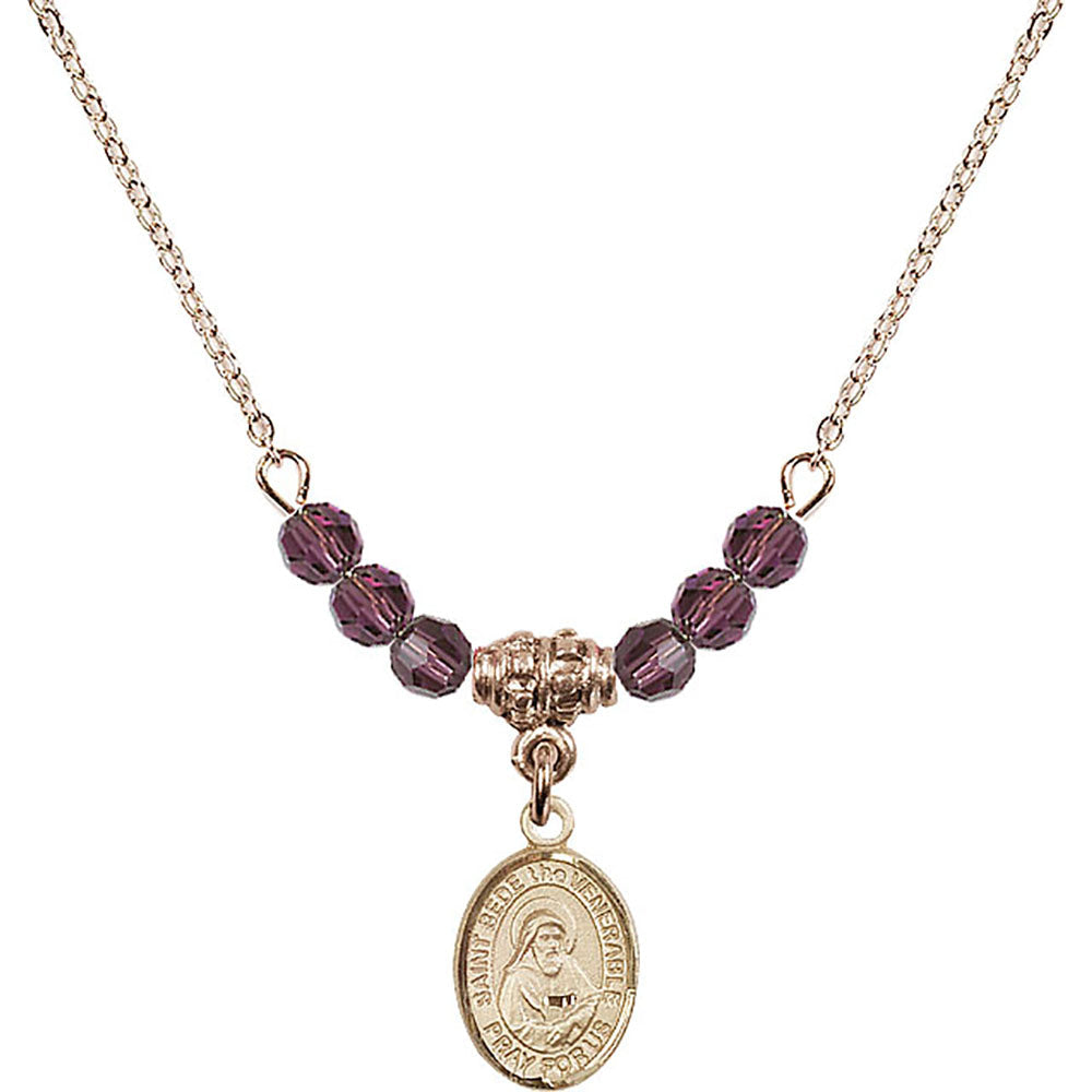 14kt Gold Filled Saint Bede the Venerable Birthstone Necklace with Amethyst Beads - 9302