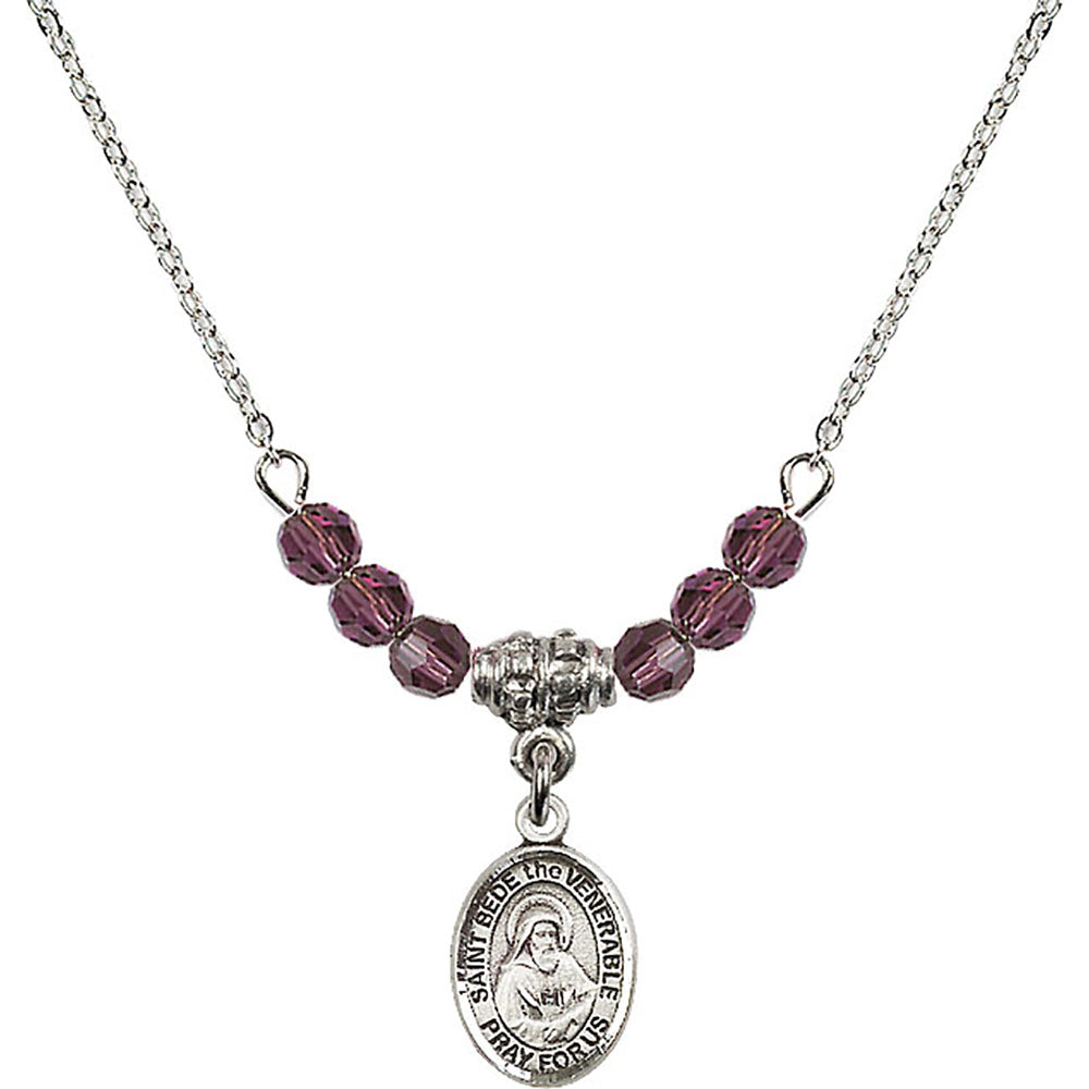Sterling Silver Saint Bede the Venerable Birthstone Necklace with Amethyst Beads - 9302