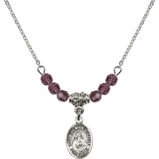 Sterling Silver Saint Bede the Venerable Birthstone Necklace with Amethyst Beads - 9302