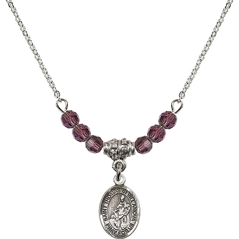 Sterling Silver Saint Thomas of Villanova Birthstone Necklace with Amethyst Beads - 9304