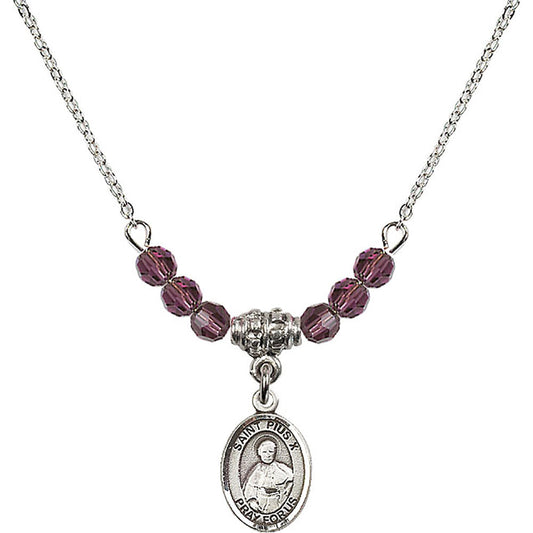 Sterling Silver Saint Pius X Birthstone Necklace with Amethyst Beads - 9305