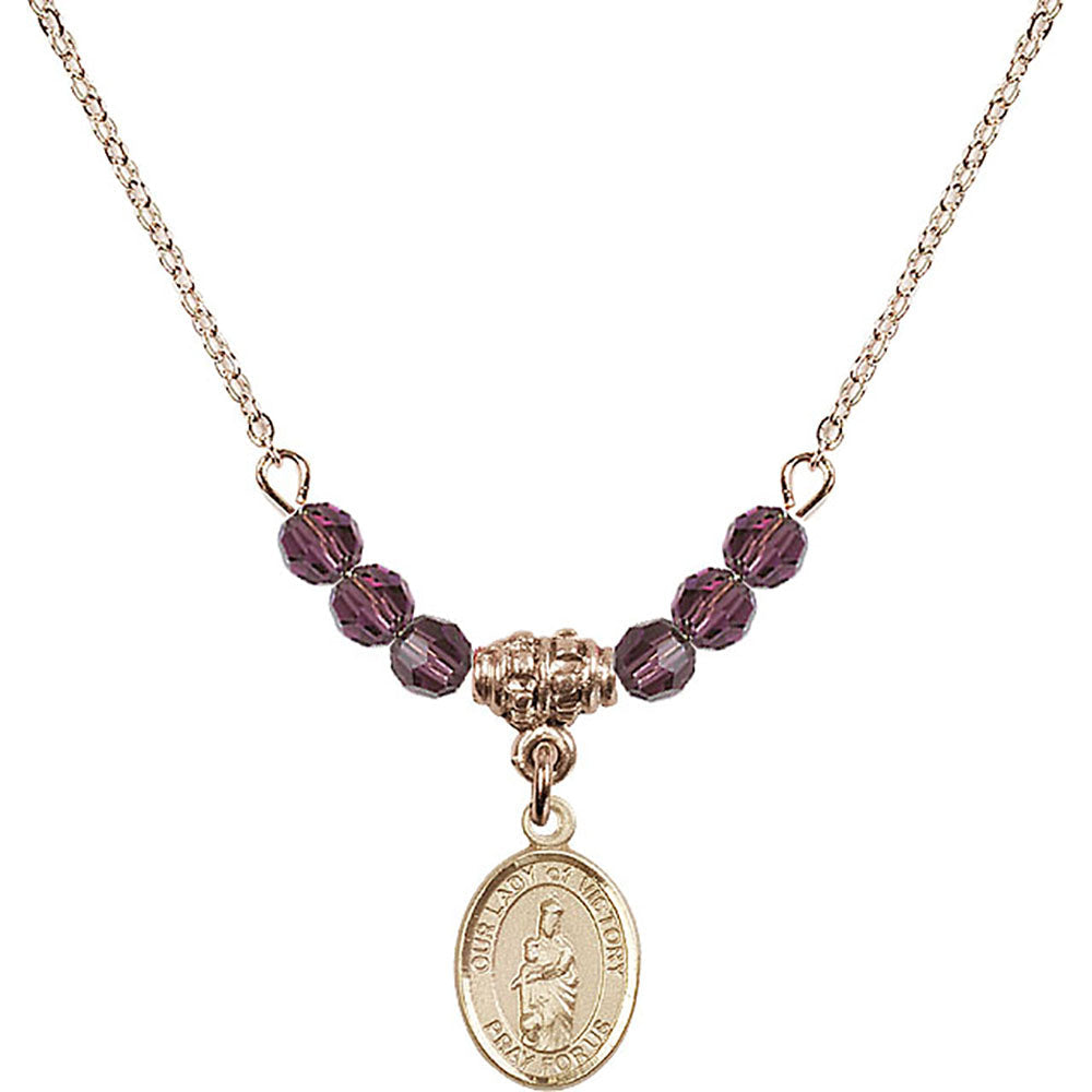 14kt Gold Filled Our Lady of Victory Birthstone Necklace with Amethyst Beads - 9306