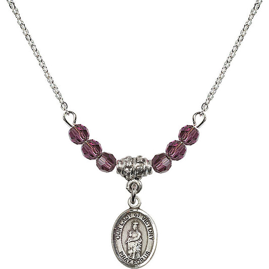 Sterling Silver Our Lady of Victory Birthstone Necklace with Amethyst Beads - 9306