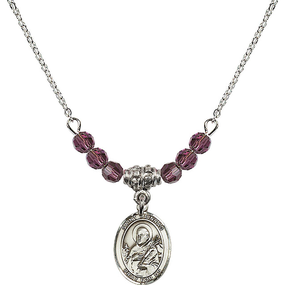 Sterling Silver Saint Meinrad of Einsiedeln Birthstone Necklace with Amethyst Beads - 9307