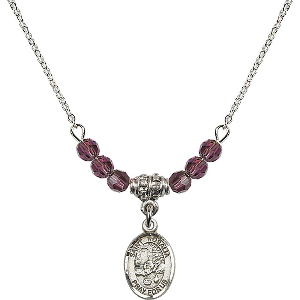 Sterling Silver Saint Rosalia Birthstone Necklace with Amethyst Beads - 9309