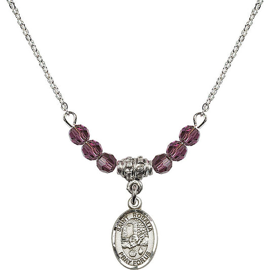 Sterling Silver Saint Rosalia Birthstone Necklace with Amethyst Beads - 9309