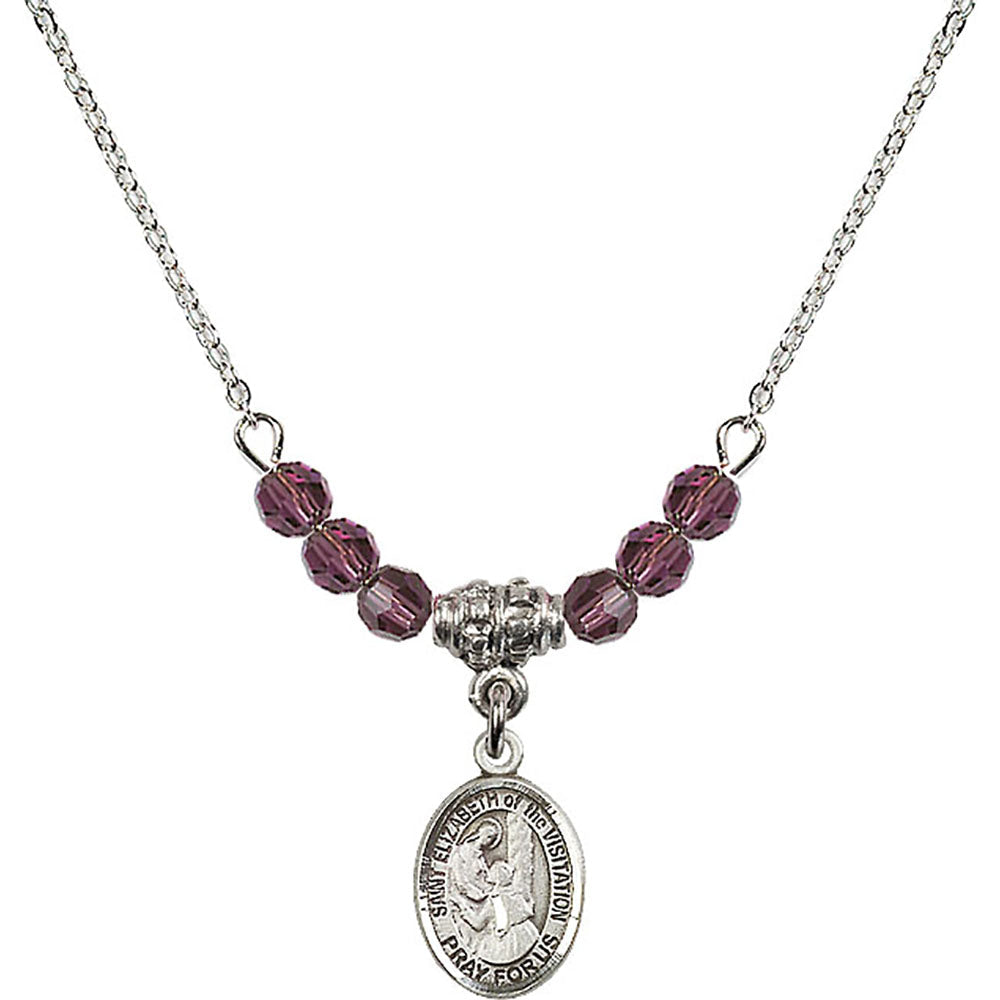 Sterling Silver Saint Elizabeth of the Visitation Birthstone Necklace with Amethyst Beads - 9311