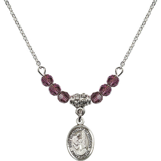 Sterling Silver Saint Elizabeth of the Visitation Birthstone Necklace with Amethyst Beads - 9311