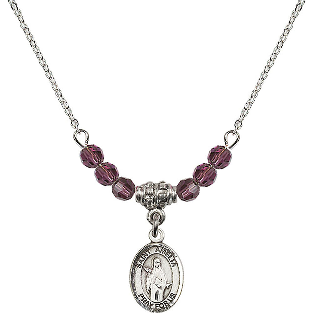 Sterling Silver Saint Amelia Birthstone Necklace with Amethyst Beads - 9313