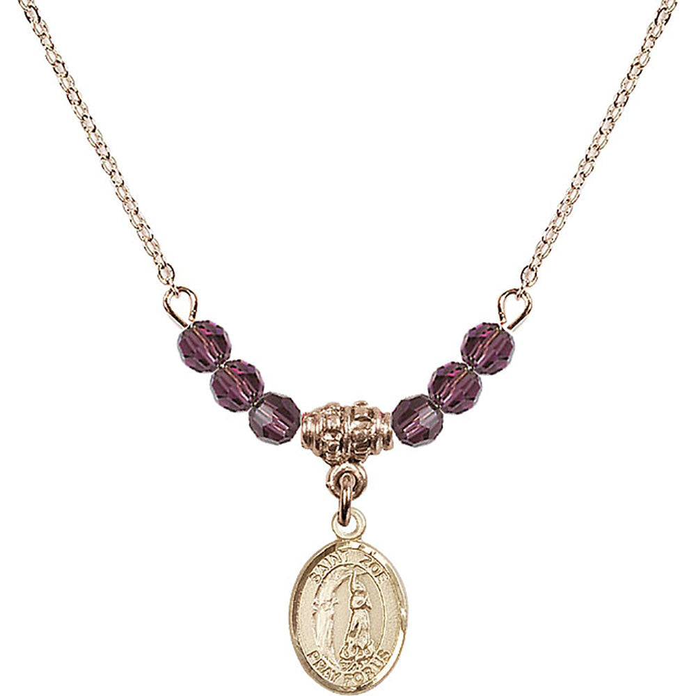 14kt Gold Filled Saint Zoe of Rome Birthstone Necklace with Amethyst Beads - 9314