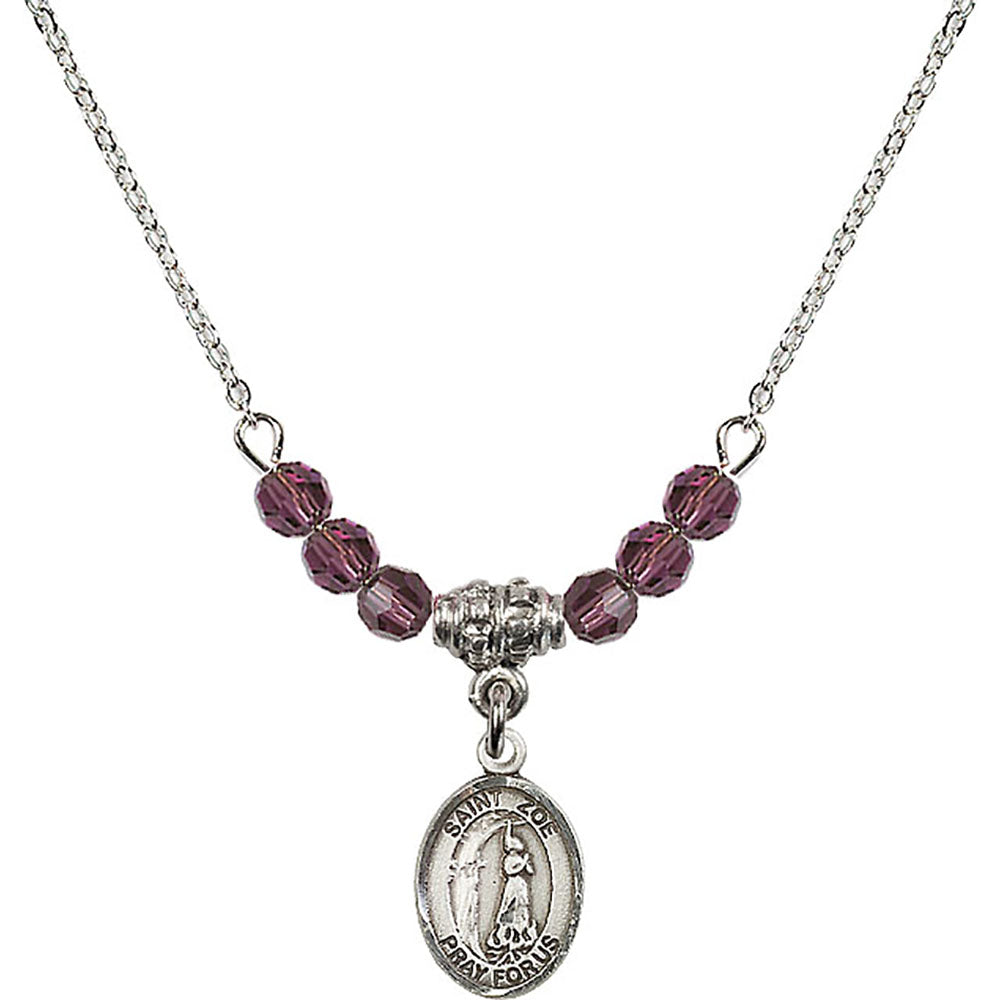 Sterling Silver Saint Zoe of Rome Birthstone Necklace with Amethyst Beads - 9314