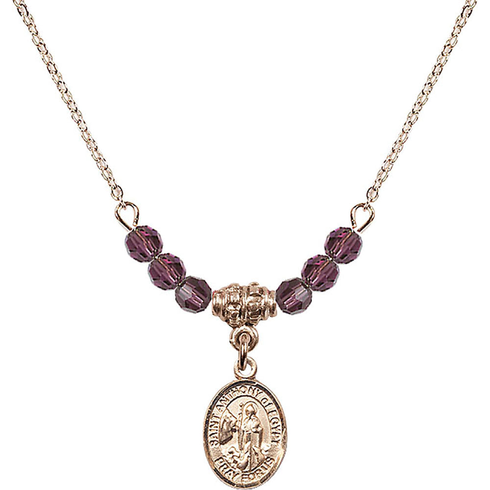 14kt Gold Filled Saint Anthony of Egypt Birthstone Necklace with Amethyst Beads - 9317
