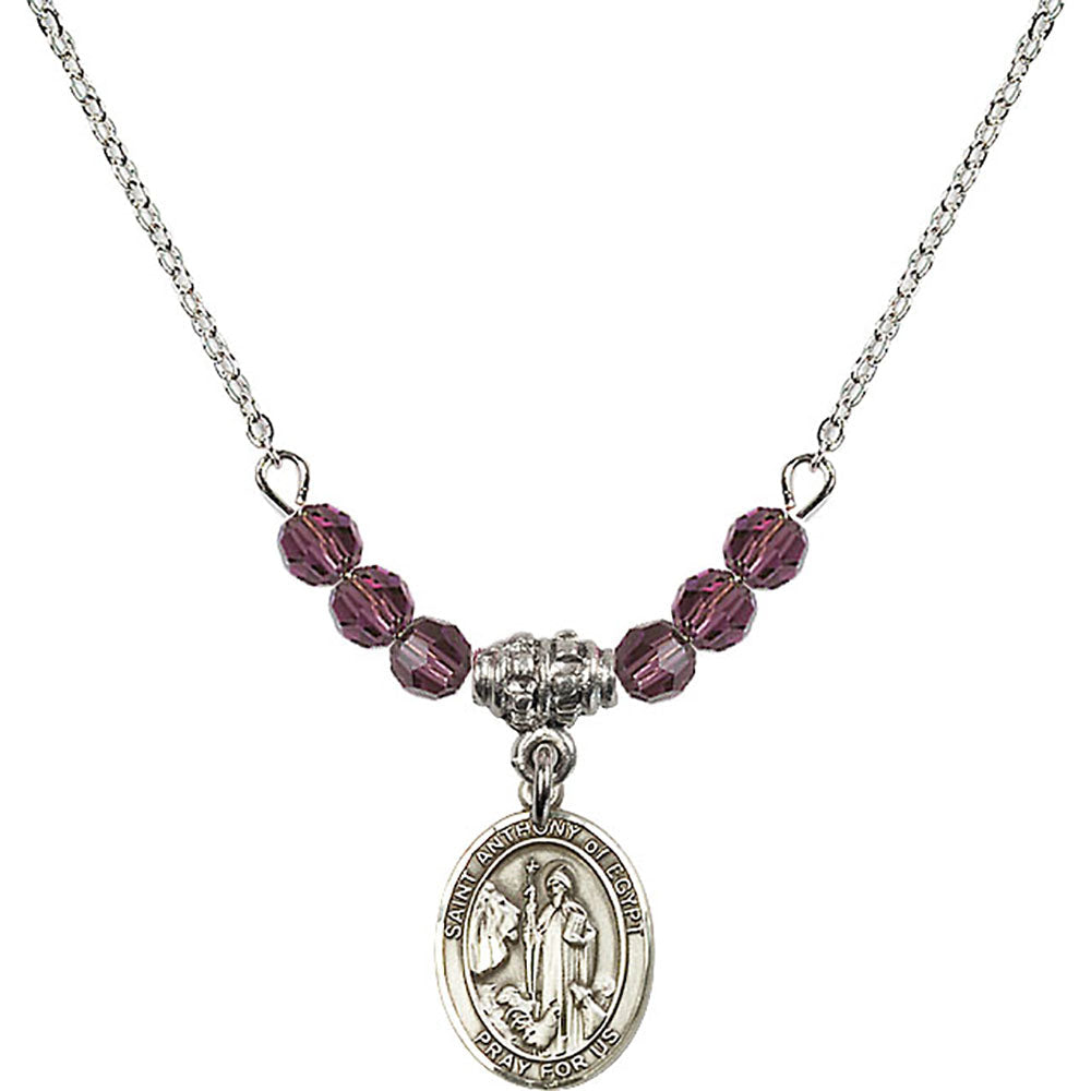 Sterling Silver Saint Anthony of Egypt Birthstone Necklace with Amethyst Beads - 9317