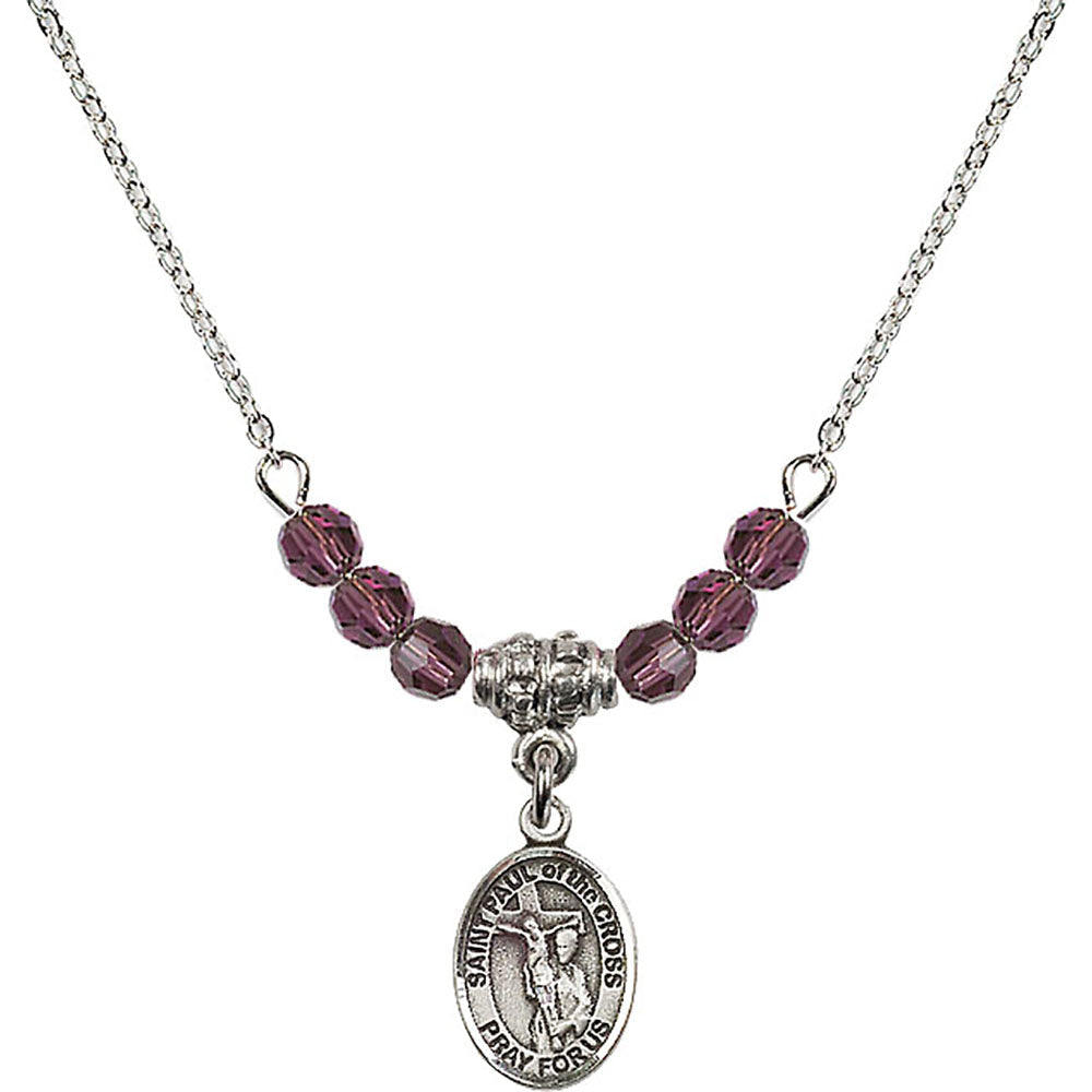 Sterling Silver Saint Paul of the Cross Birthstone Necklace with Amethyst Beads - 9318