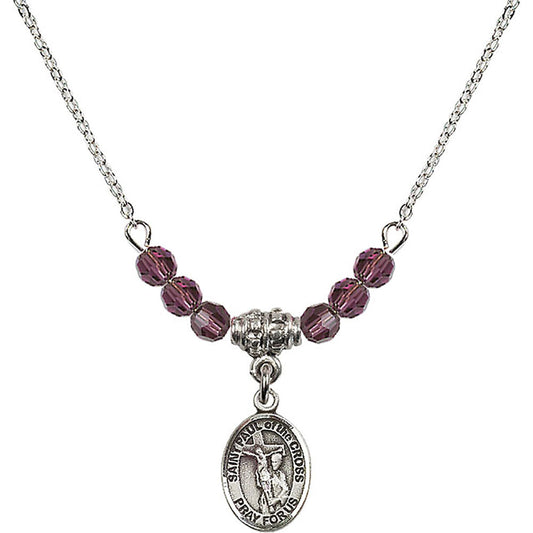 Sterling Silver Saint Paul of the Cross Birthstone Necklace with Amethyst Beads - 9318