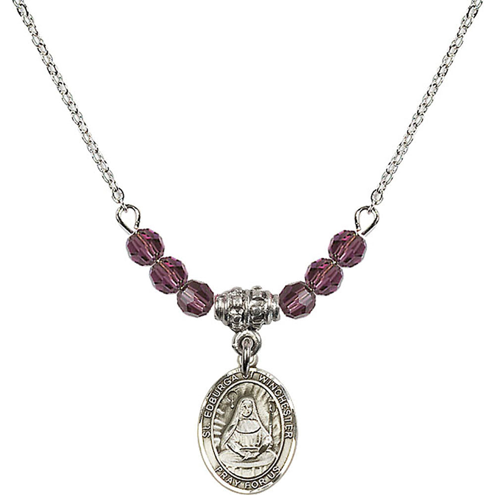 Sterling Silver Saint Edburga of Winchester Birthstone Necklace with Amethyst Beads - 9324