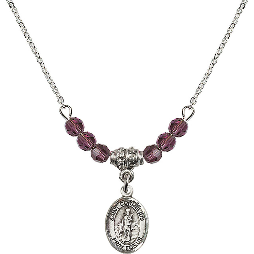 Sterling Silver Saint Cornelius Birthstone Necklace with Amethyst Beads - 9325