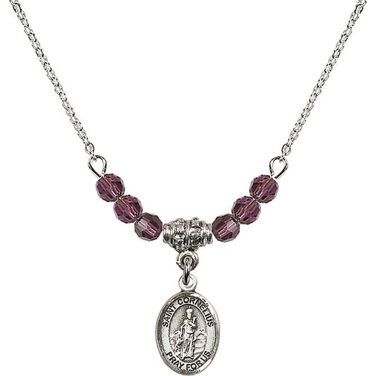Sterling Silver Saint Cornelius Birthstone Necklace with Amethyst Beads - 9325