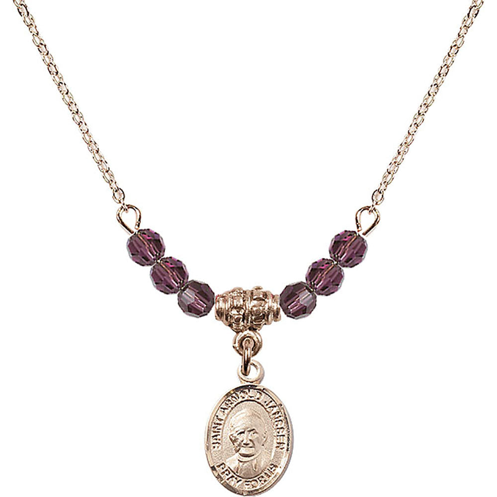 14kt Gold Filled Saint Arnold Janssen Birthstone Necklace with Amethyst Beads - 9328