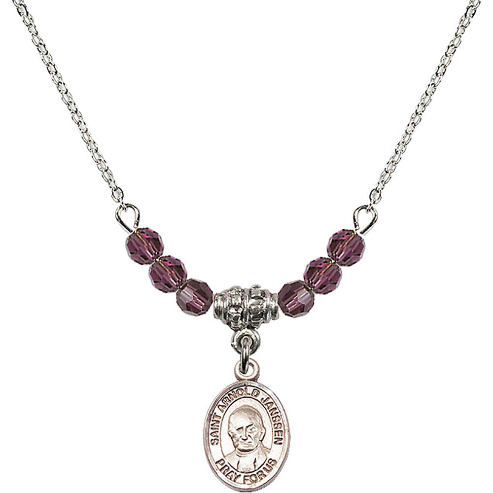 Sterling Silver Saint Arnold Janssen Birthstone Necklace with Amethyst Beads - 9328
