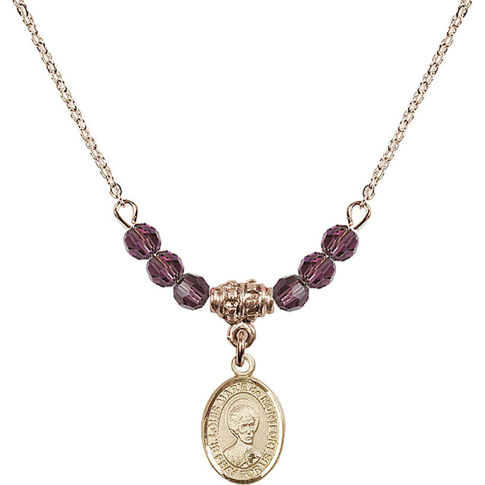 14kt Gold Filled Saint Louis Marie de Montfort Birthstone Necklace with Amethyst Beads - 9330