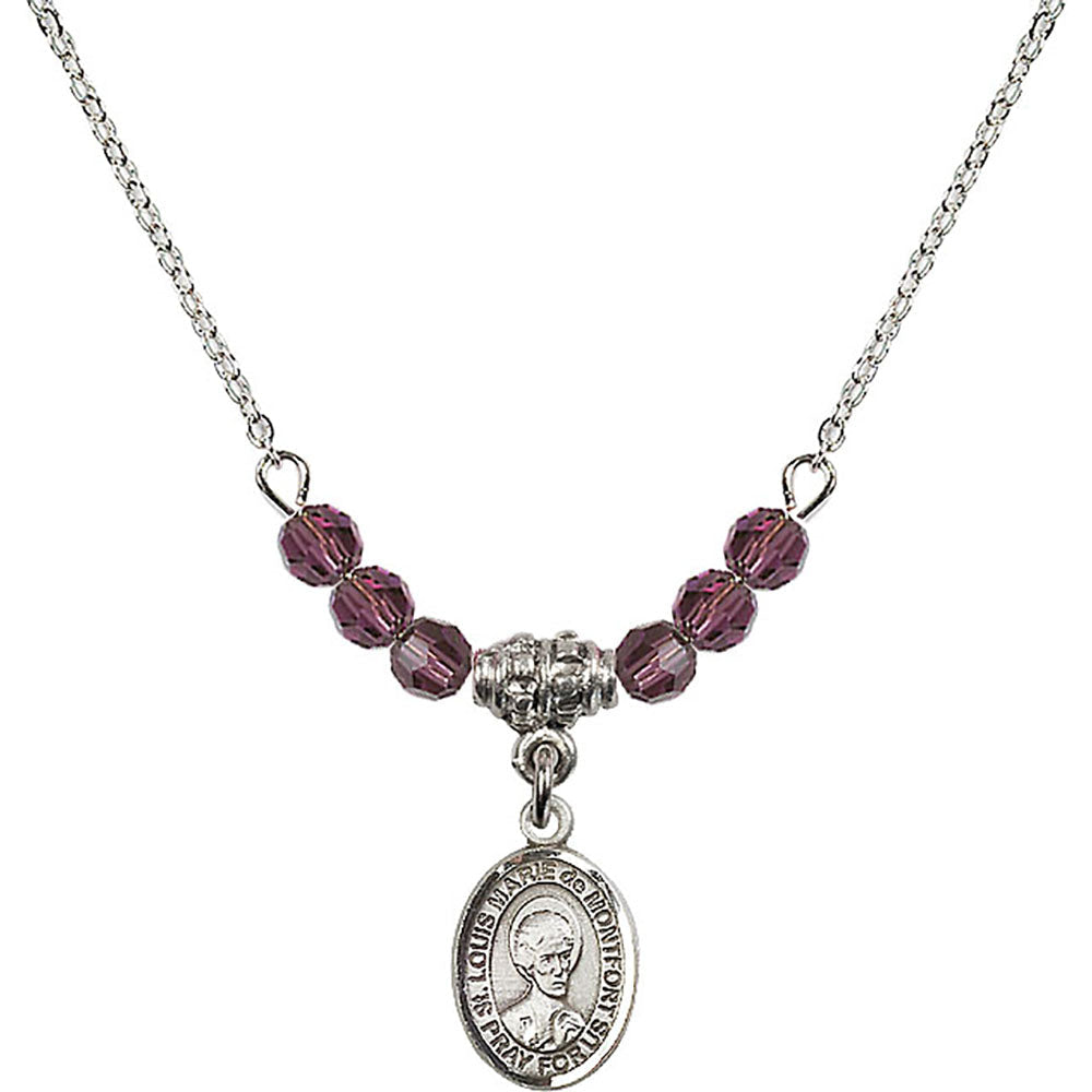 Sterling Silver Saint Louis Marie de Montfort Birthstone Necklace with Amethyst Beads - 9330