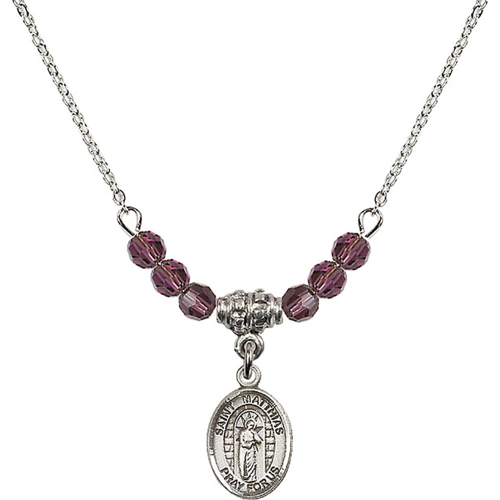 Sterling Silver Saint Matthias the Apostle Birthstone Necklace with Amethyst Beads - 9331