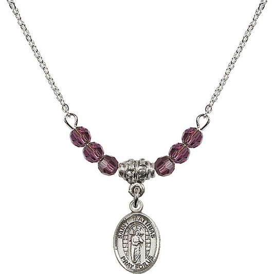 Sterling Silver Saint Matthias the Apostle Birthstone Necklace with Amethyst Beads - 9331