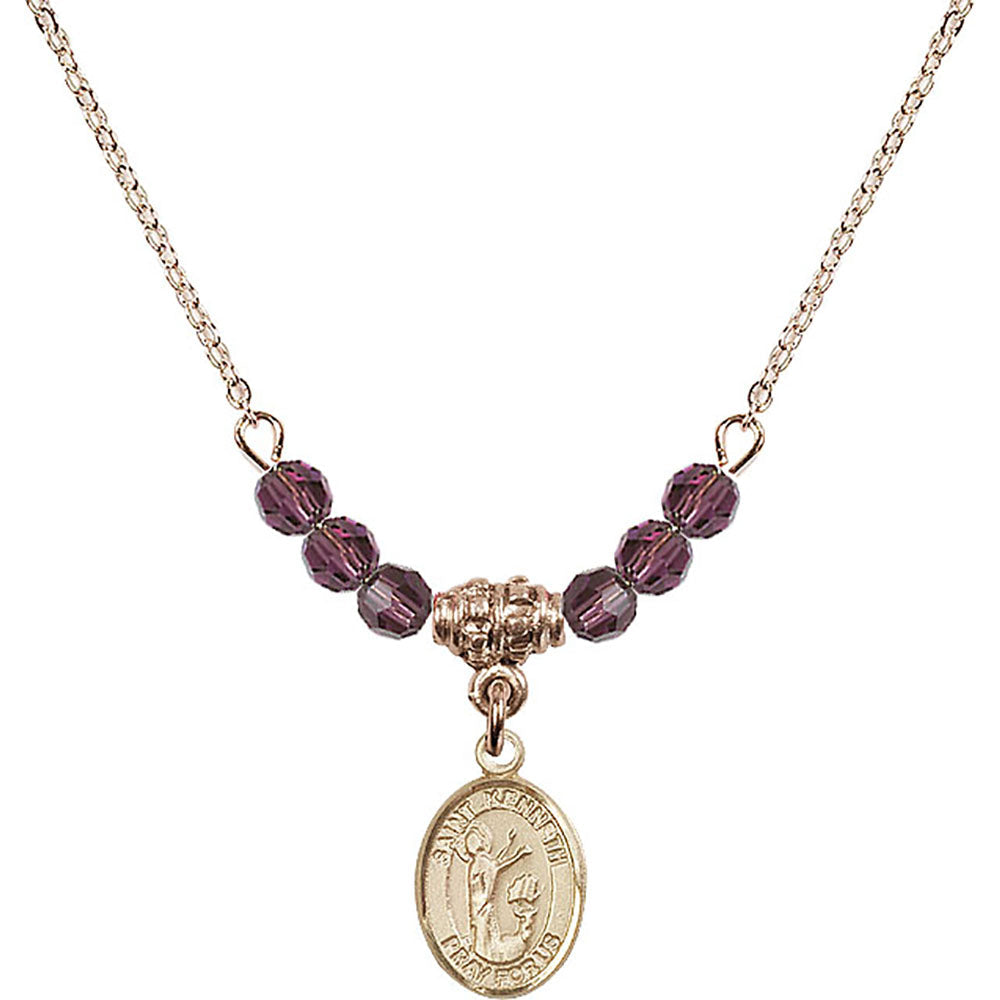 14kt Gold Filled Saint Kenneth Birthstone Necklace with Amethyst Beads - 9332