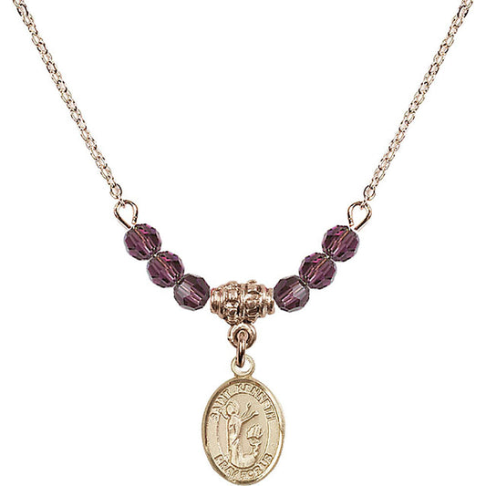 14kt Gold Filled Saint Kenneth Birthstone Necklace with Amethyst Beads - 9332