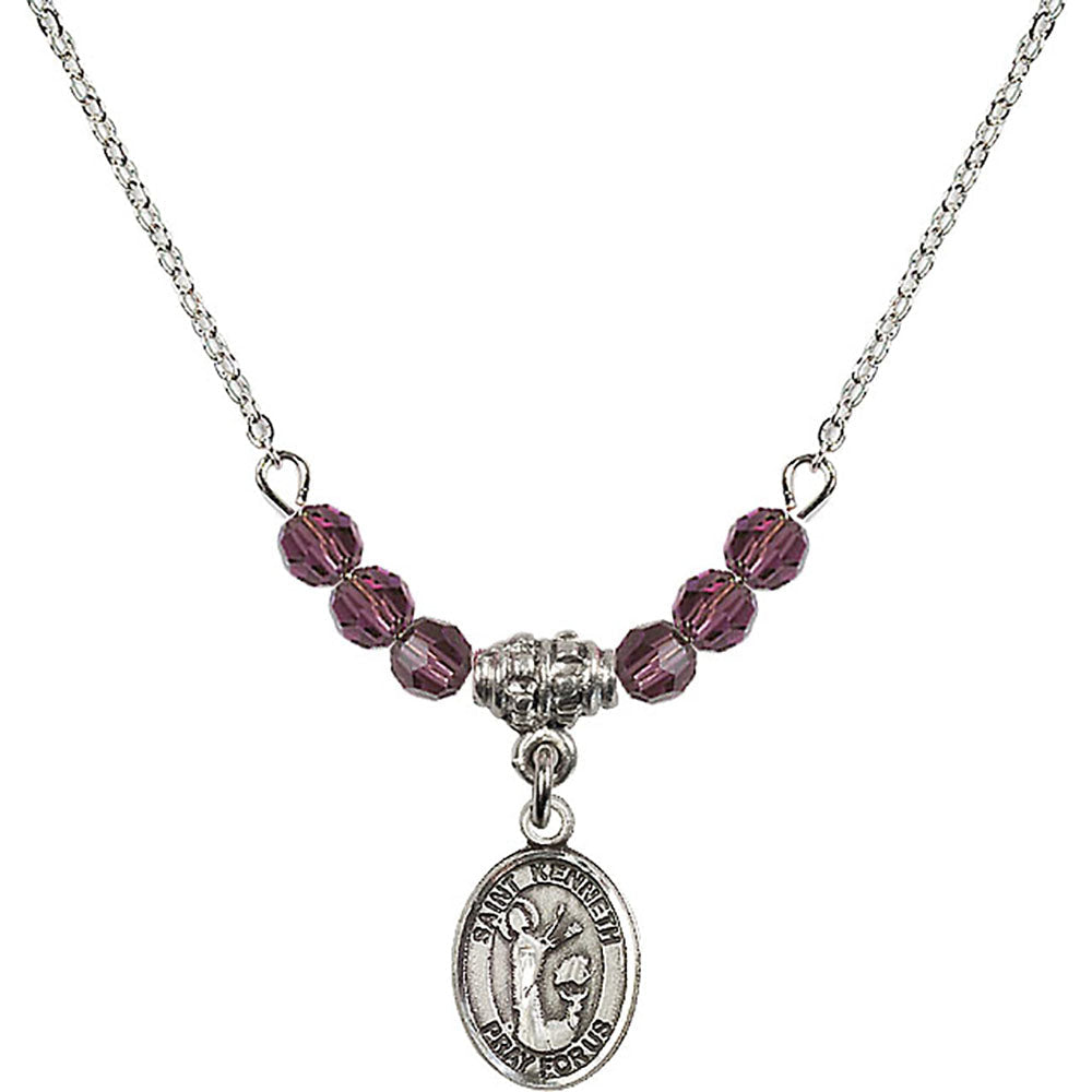 Sterling Silver Saint Kenneth Birthstone Necklace with Amethyst Beads - 9332