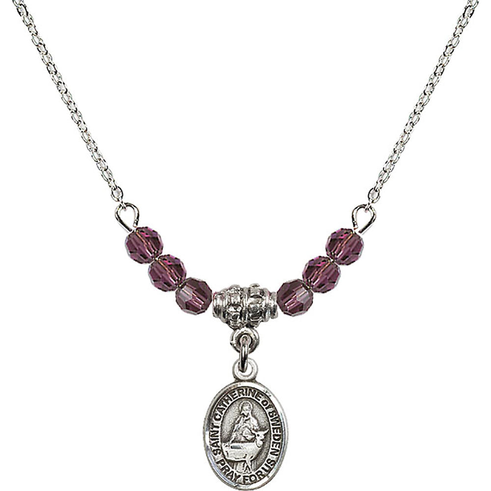 Sterling Silver Saint Catherine of Sweden Birthstone Necklace with Amethyst Beads - 9336